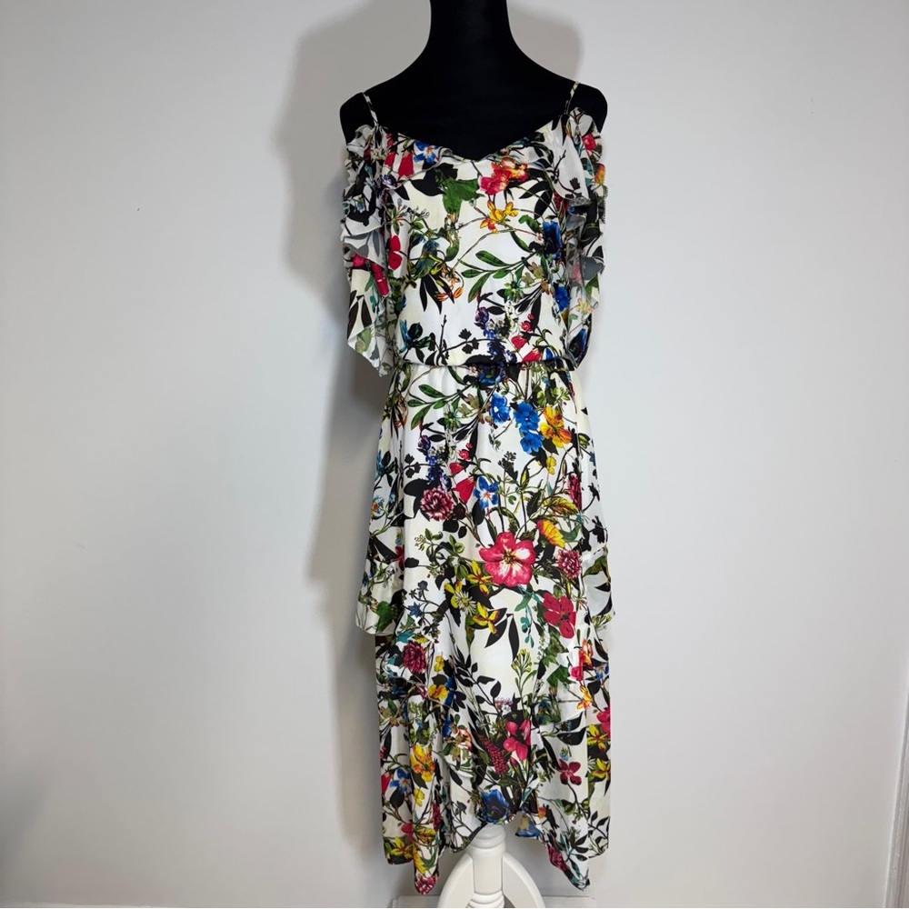 Parker Floral Ruffle Off-Shoulder High-Low Midi Dress‎ XS